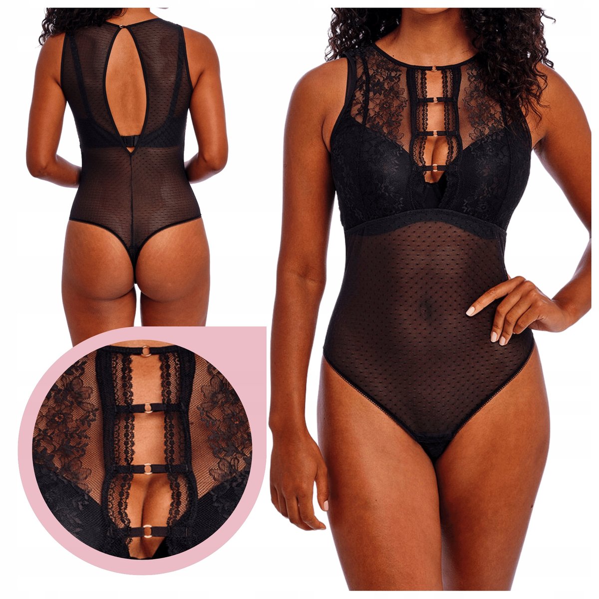 Body Freya SYDNIE czarne koronkowe zmysłowe wycięte plecy paseczki L