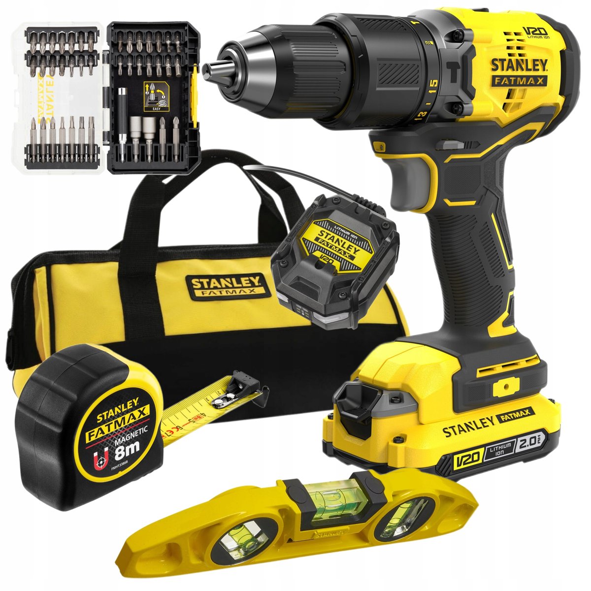 STANLEY FATMAX V20 Zestaw Wiertarko-Wkrętarka Udarowa +2Ah Bity 40El Torba Sfmck101D1S