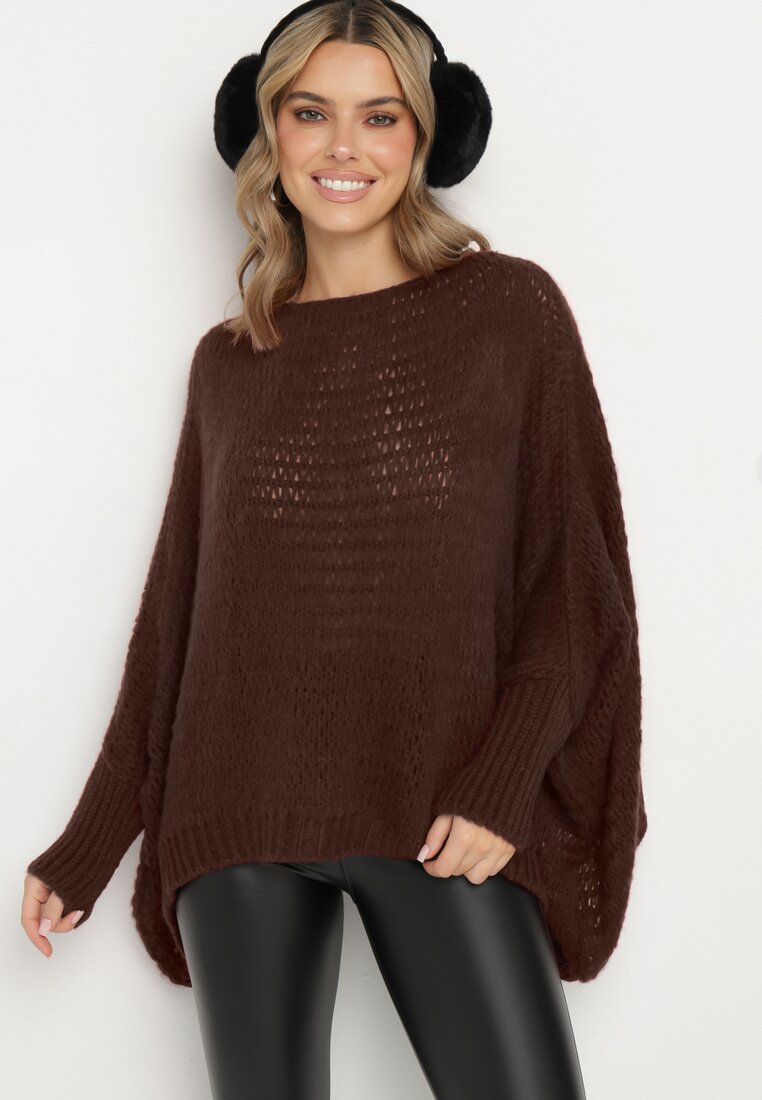 Brązowy Luźny Sweter w Stylu Ponczo Kossela