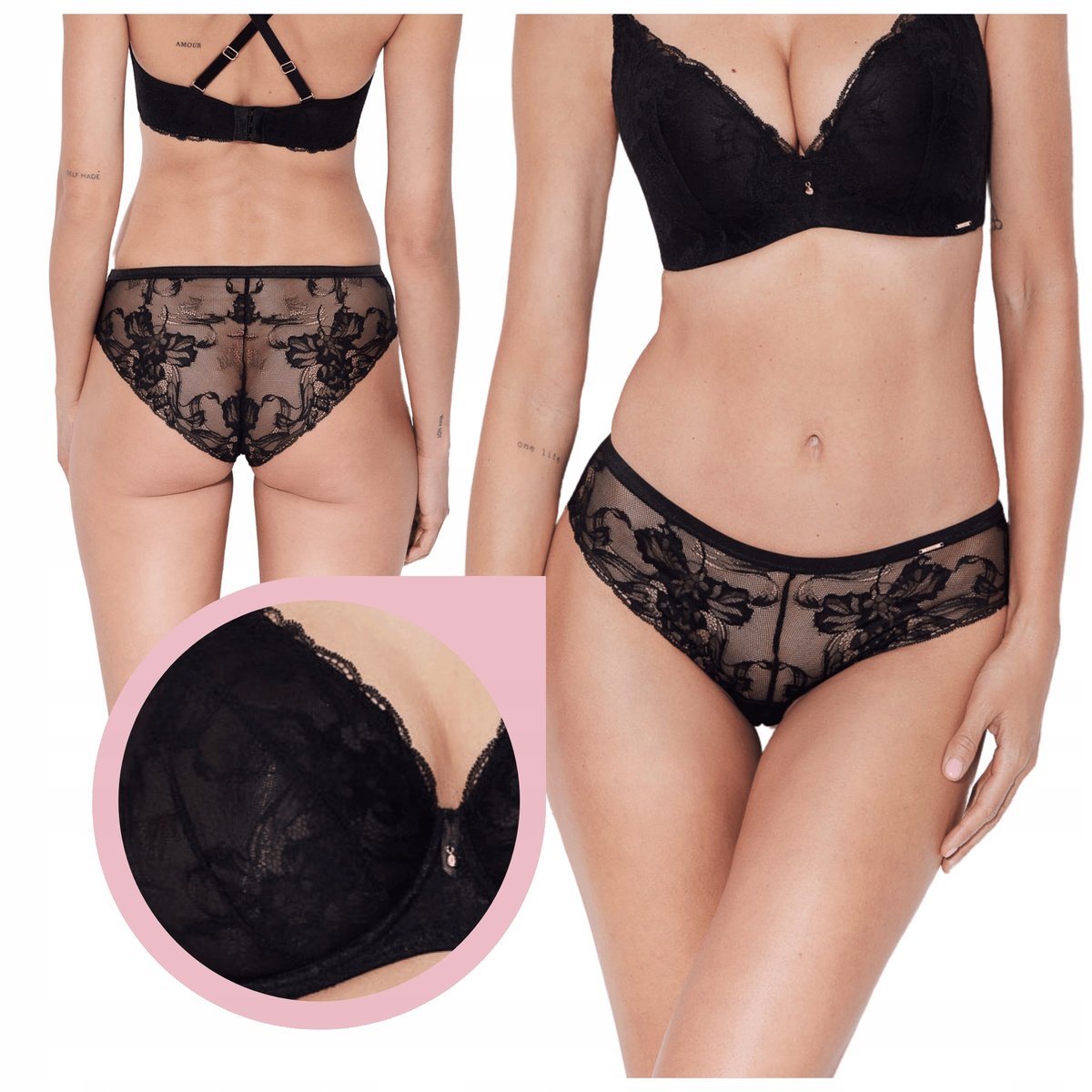 ALLES SUBLIME Figi brazylijskie majtki czarne koronkowe brazyliany - S