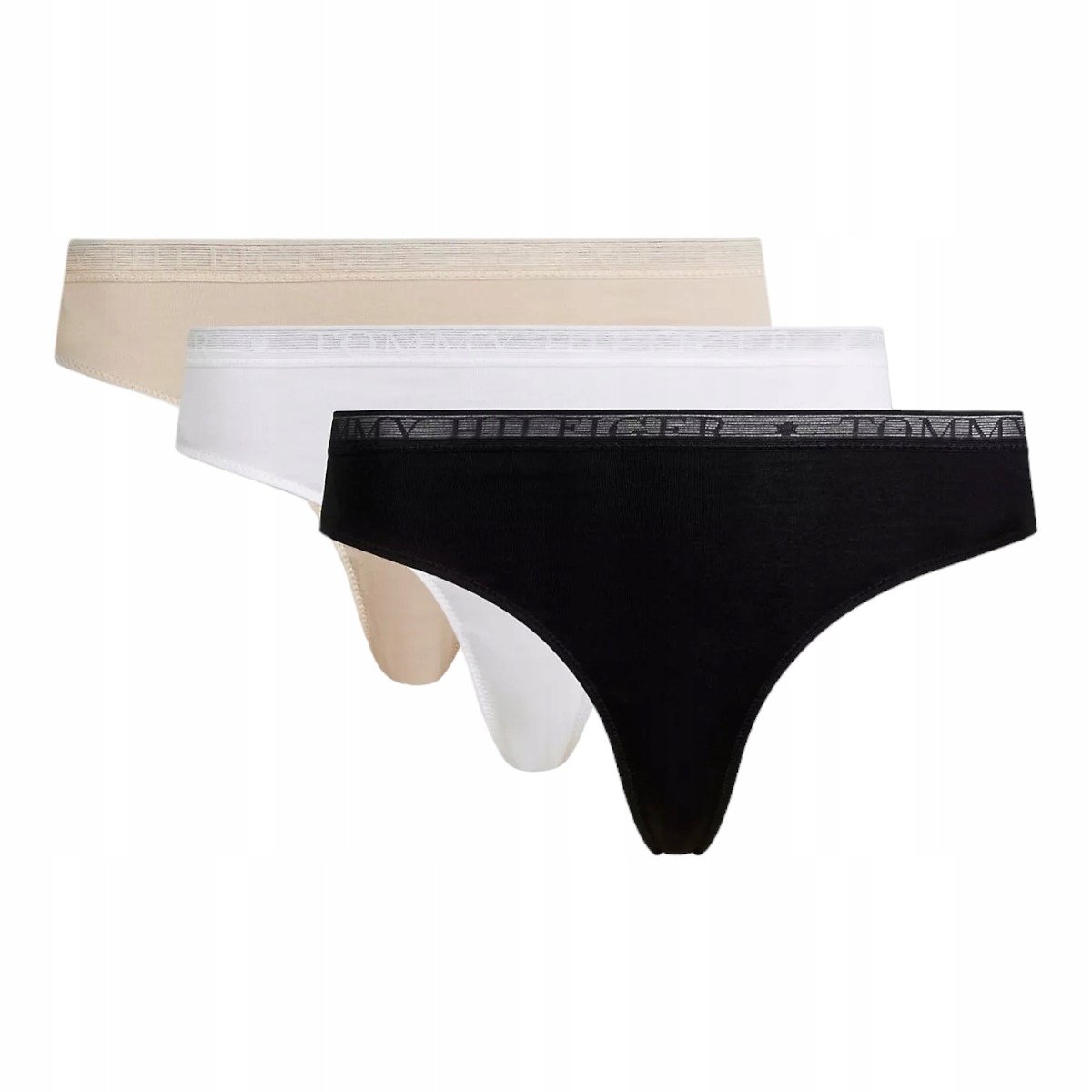 TOMMY HILFIGER STRINGI DAMSKIE MAJTKI THONG 3P CZARNE/BIAŁE/BEŻOWE r.M