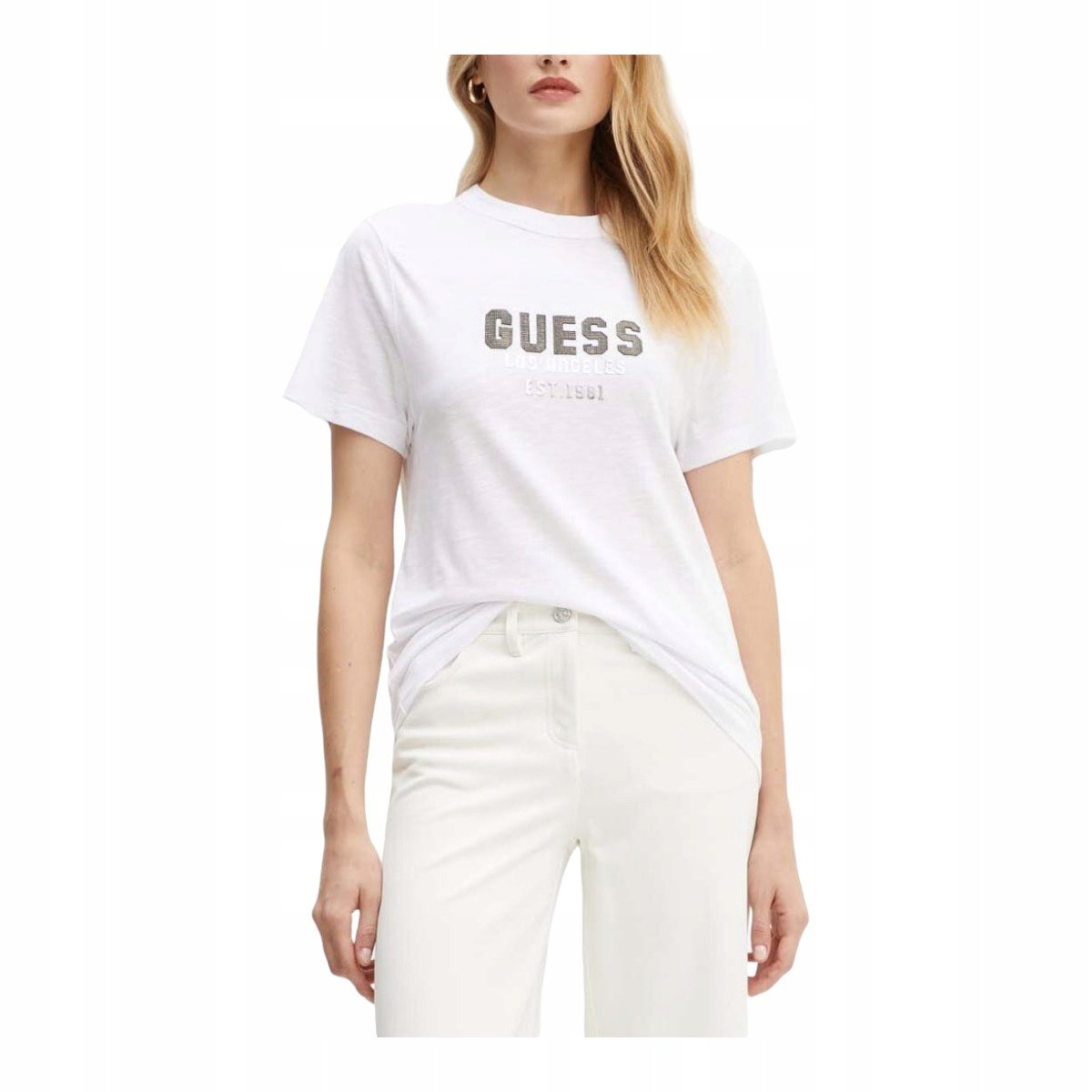 GUESS KOSZULKA DAMSKA T-SHIRT SS CN PYRAMIDE STUDS TEE BIAŁA r.S