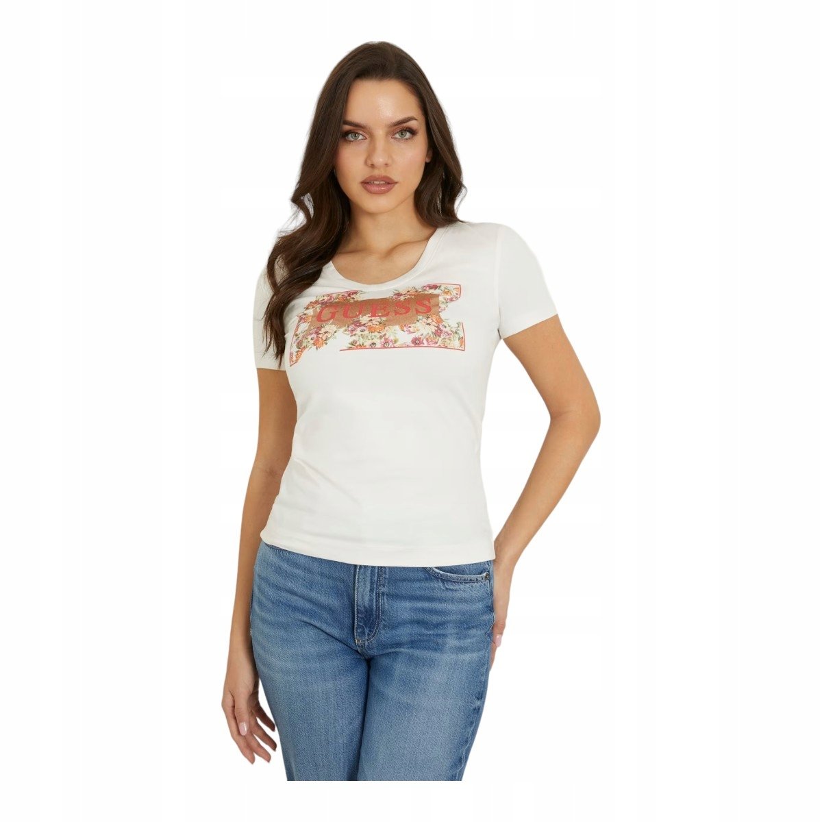 GUESS KOSZULKA DAMSKA T-SHIRT SS VN LOGO FLOWERS T ECRU r.S