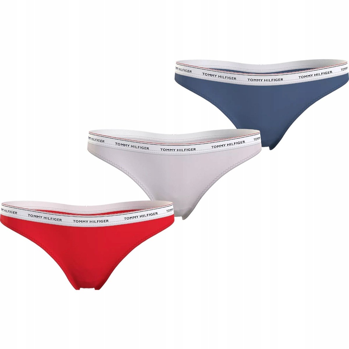 TOMMY HILFIGER STRINGI DAMSKIE MAJTKI THONG 3P CZERWONE/ECRU/NIEBIESKIE S