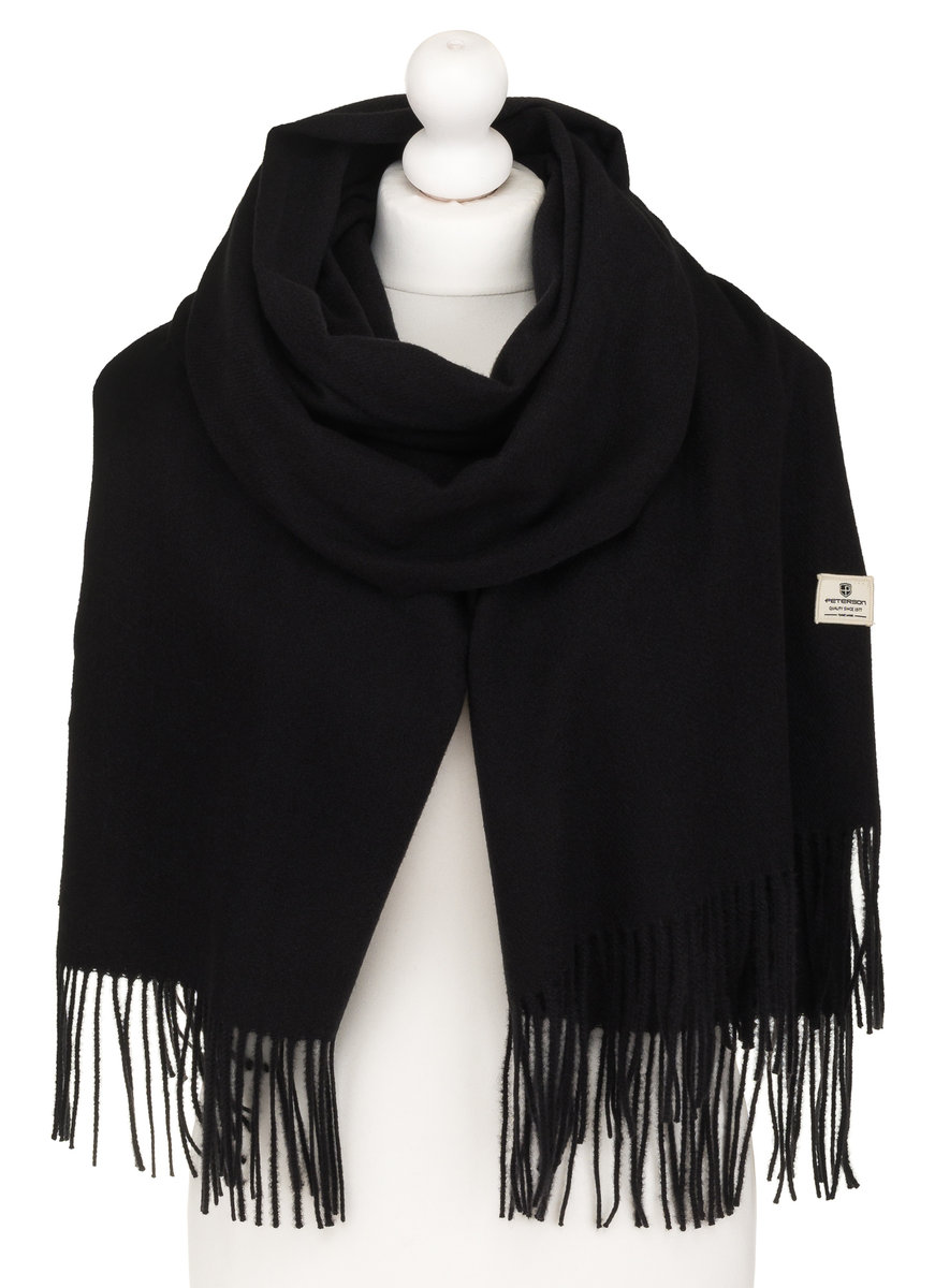 Klasyczny czarny szalik damski PETERSON duży szal z frędzlami jesień zima ciepły i miły w dotyku elegancki prezent