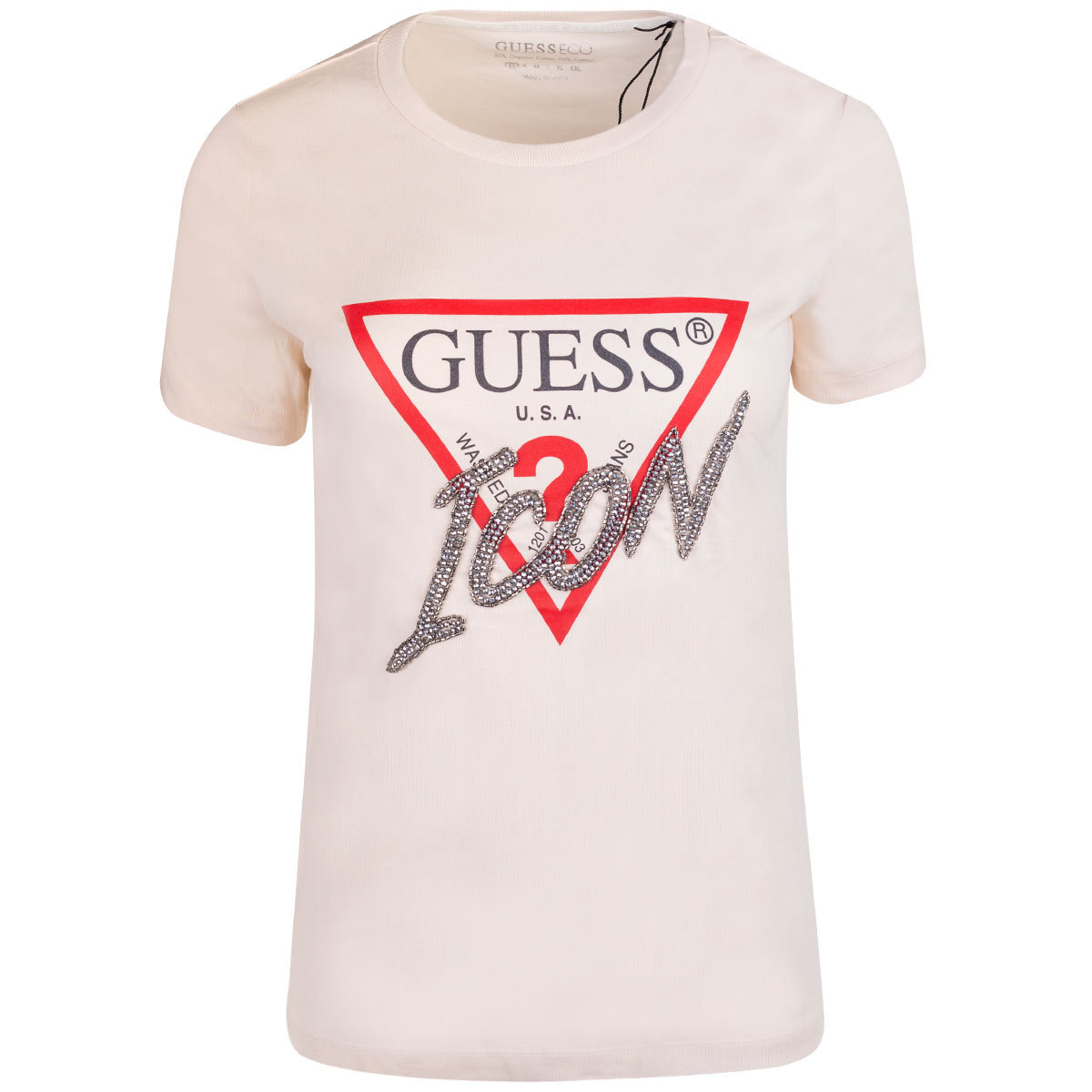 GUESS KOSZULKA DAMSKA T-SHIRT SS CN ICON TEE JASNA BRZOSKWINIOWA r.XS