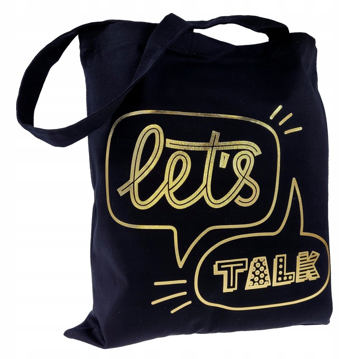 TORBA bawełniana czarna LET'S TALK złoty nadruk torba na zakupy elegancka