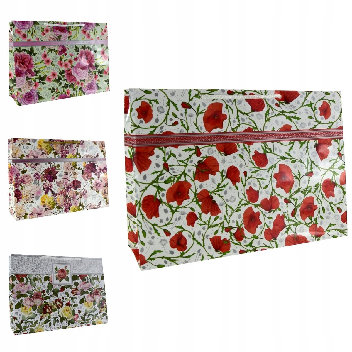 torby prezentowe TORBA papierowa POZIOMA 30x10x24cm ozdobne RÓŻE mix 10 szt