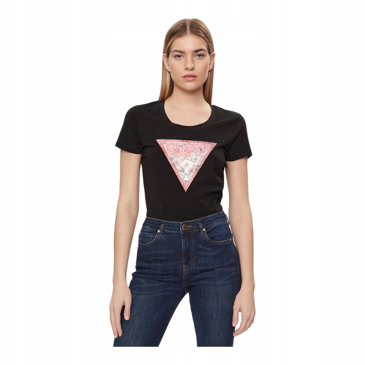 GUESS KOSZULKA DAMSKA T-SHIRT SS RN SATIN TRIANGLE CZARNA r.S