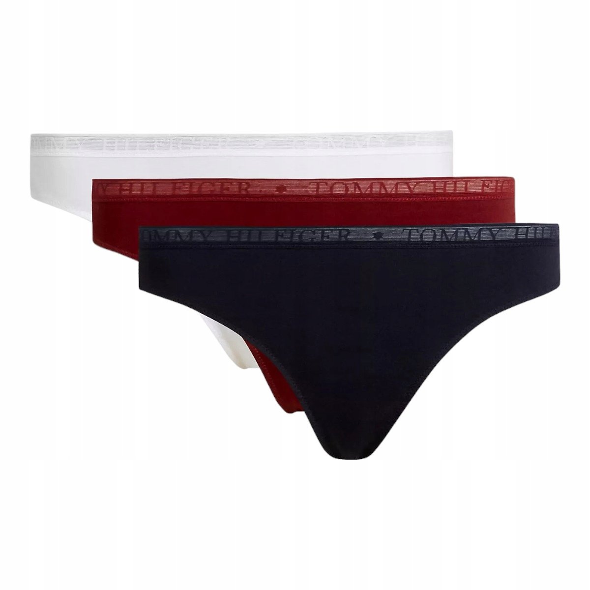 TOMMY HILFIGER STRINGI DAMSKIE MAJTKI THONG 3P GRANATOWE/BIAŁE/BORDOWE r.S