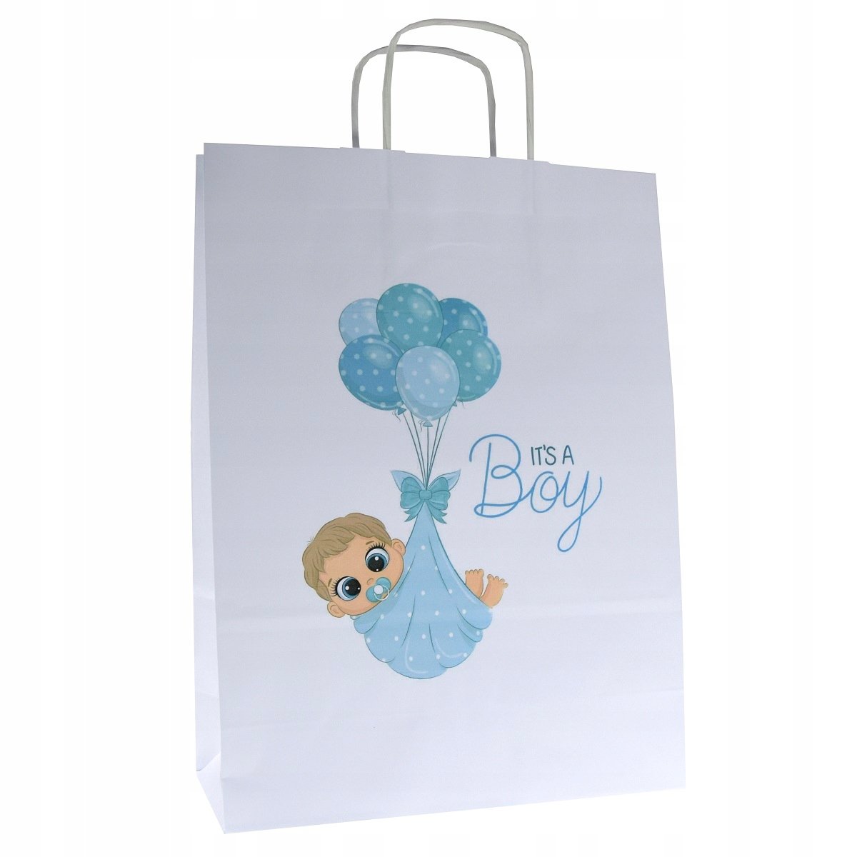 Torebka papierowa z nadrukiem It's a boy na baby shower torebka A4 24x10x32