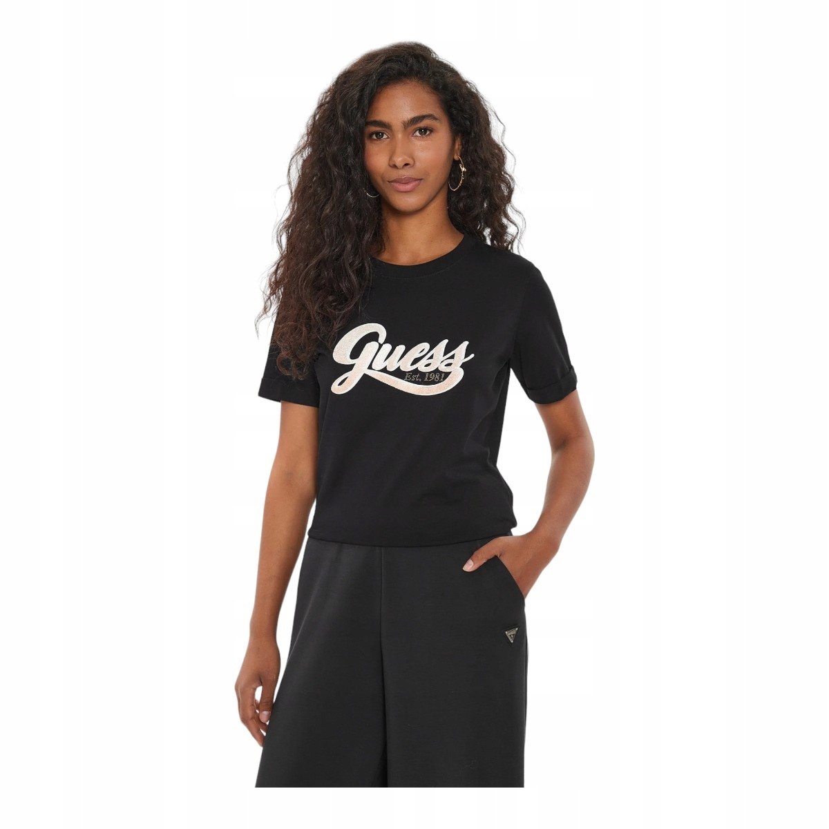 GUESS KOSZULKA DAMSKA T-SHIRT SS CN GLITTERY LOGO CZARNA r.XS