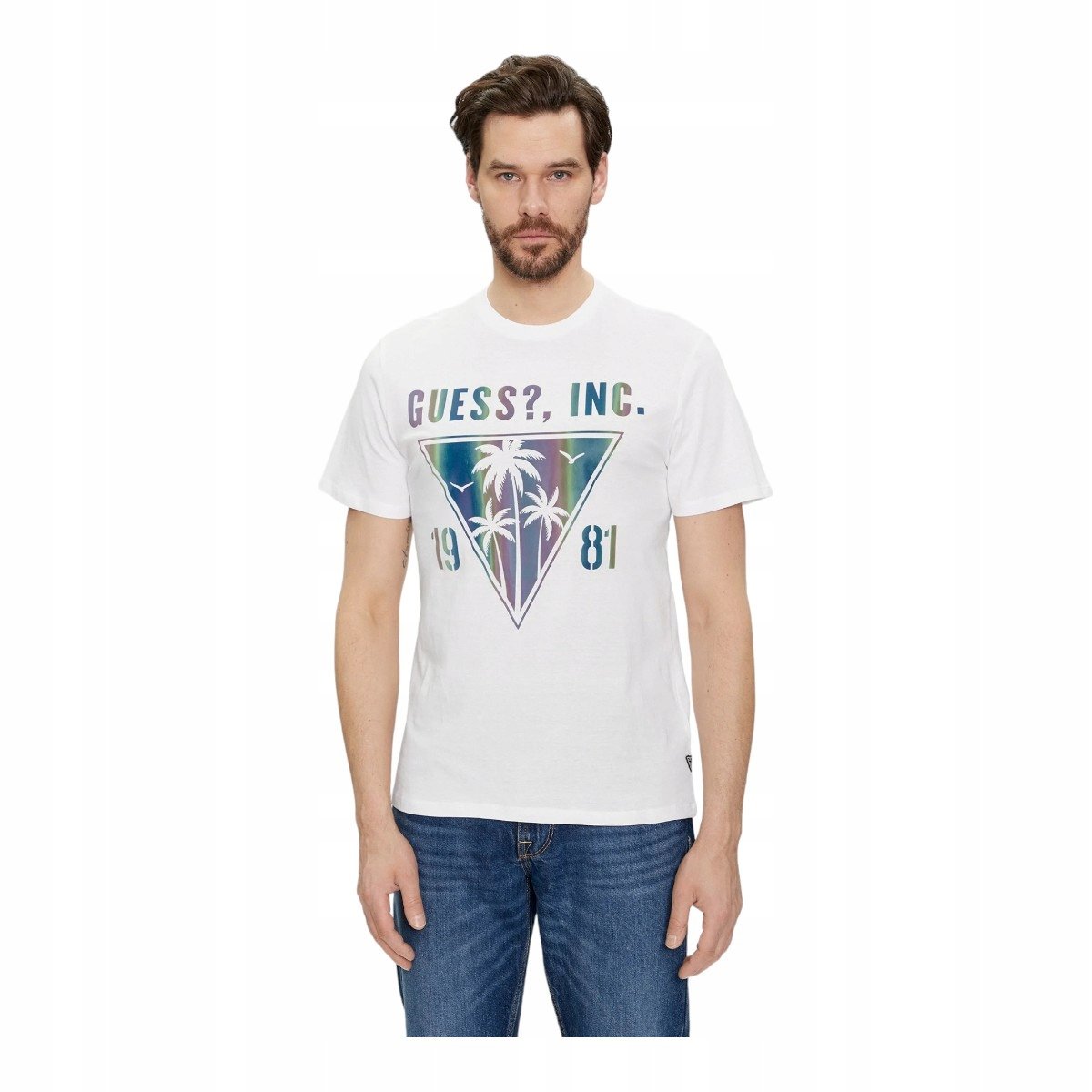 Guess Koszulka Męska T-Shirt Ss Bsc Iridescent Palms Tee Biała R.L