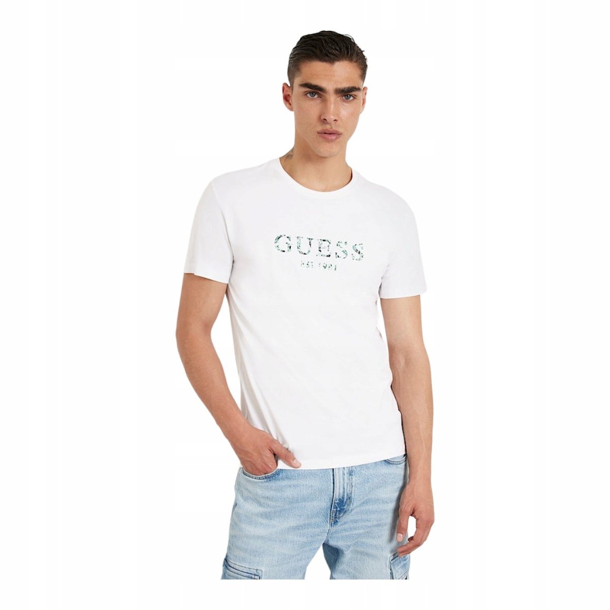 GUESS KOSZULKA MĘSKA T-SHIRT SS CN GUESS IRIDESCE BIAŁA r.L