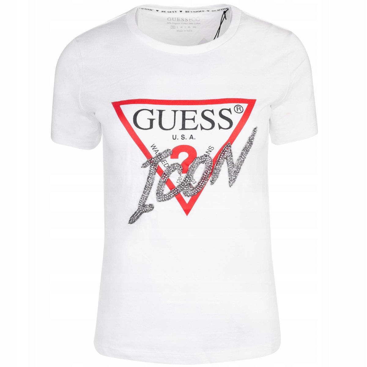 GUESS KOSZULKA DAMSKA T-SHIRT SS CN ICON TEE BIAŁA r.XS