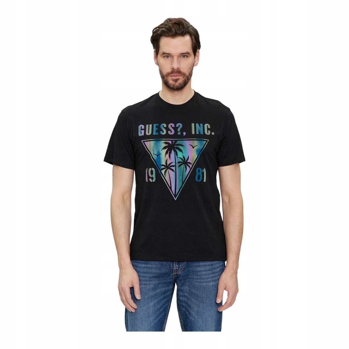 Guess Koszulka Męska T-Shirt Ss Bsc Iridescent Palms Tee Czarna R.M