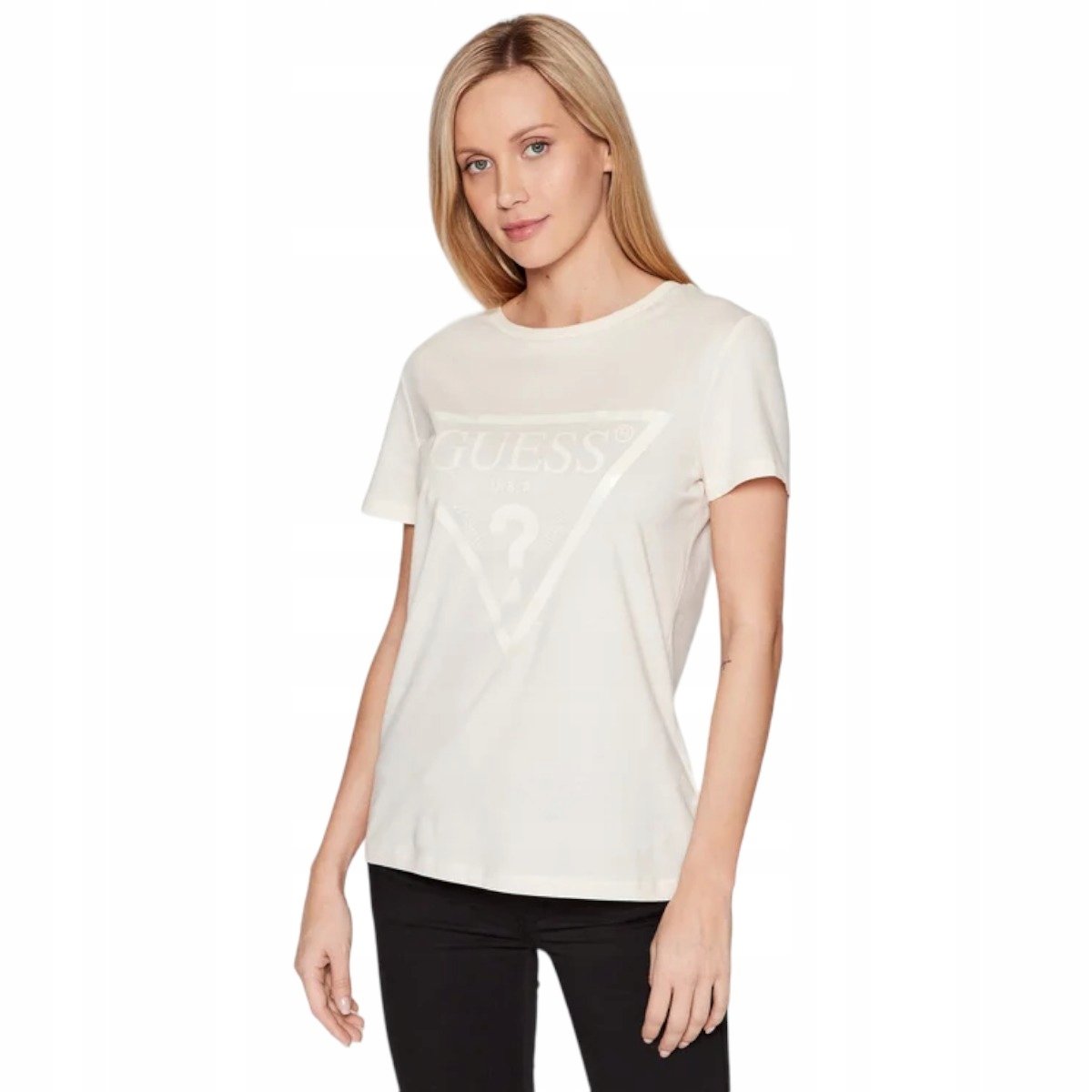 GUESS KOSZULKA DAMSKA T-SHIRT ADELE BEŻOWA r.S