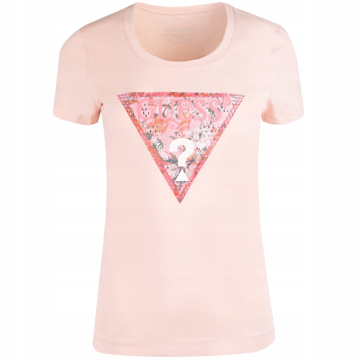 GUESS KOSZULKA DAMSKA T-SHIRT SS RN SATIN TRIANGLE RÓŻOWA r.S