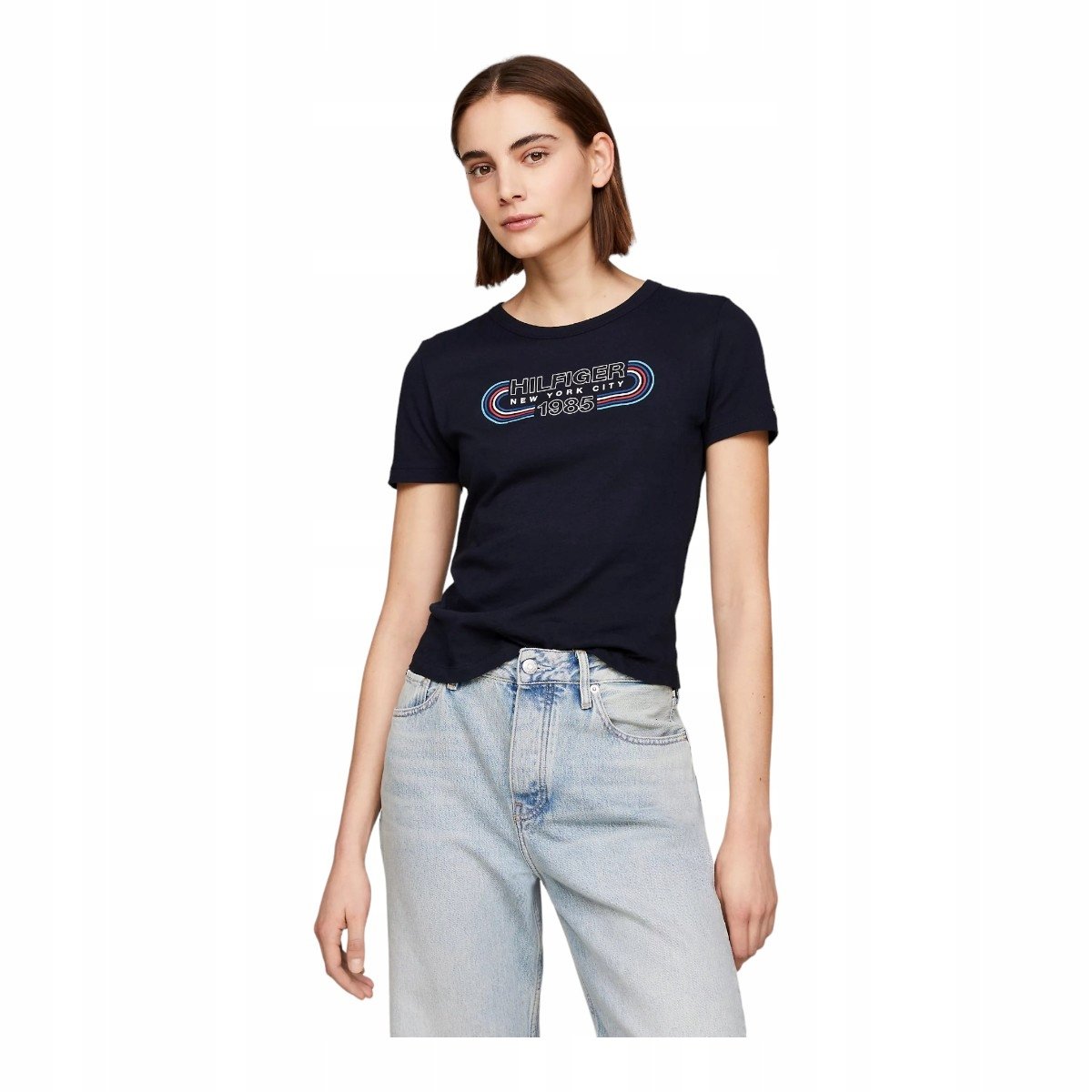 Tommy Hilfiger Koszulka Damska T-Shirt Slim Track Hilfiger Granatowa R.S
