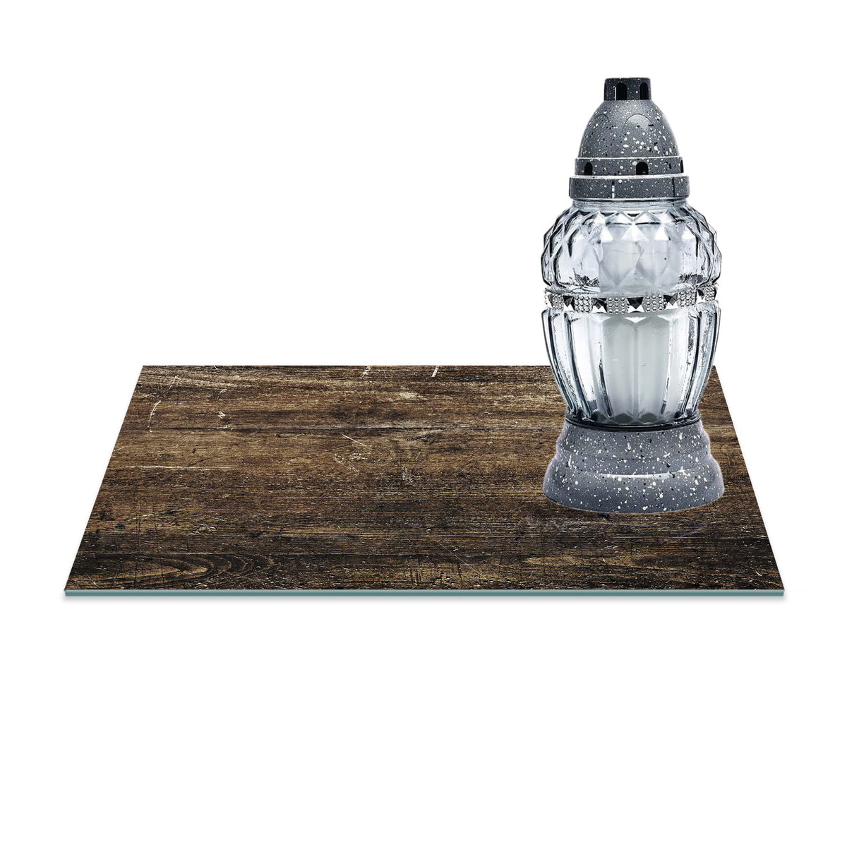 SZKLANA PODSTAWKA POD ZNICZE Z DEDYKACJĄ 30x20cm Drewno 43a