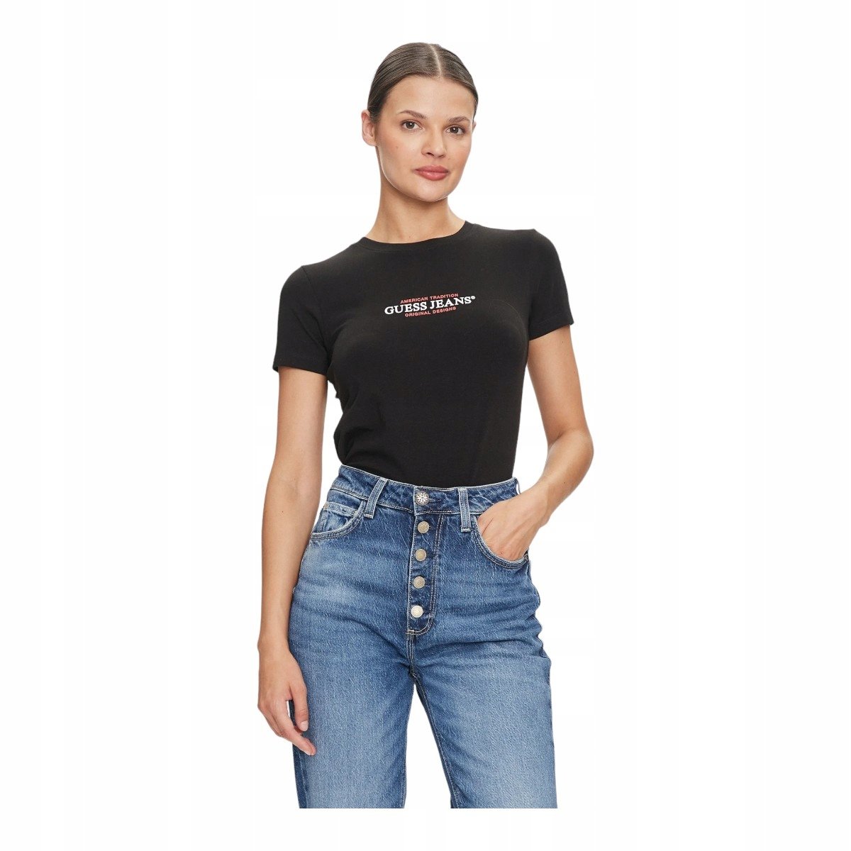 GUESS KOSZULKA DAMSKA T-SHIRT GJ SS CN SLIM AMERICAN CZARNA r.XS