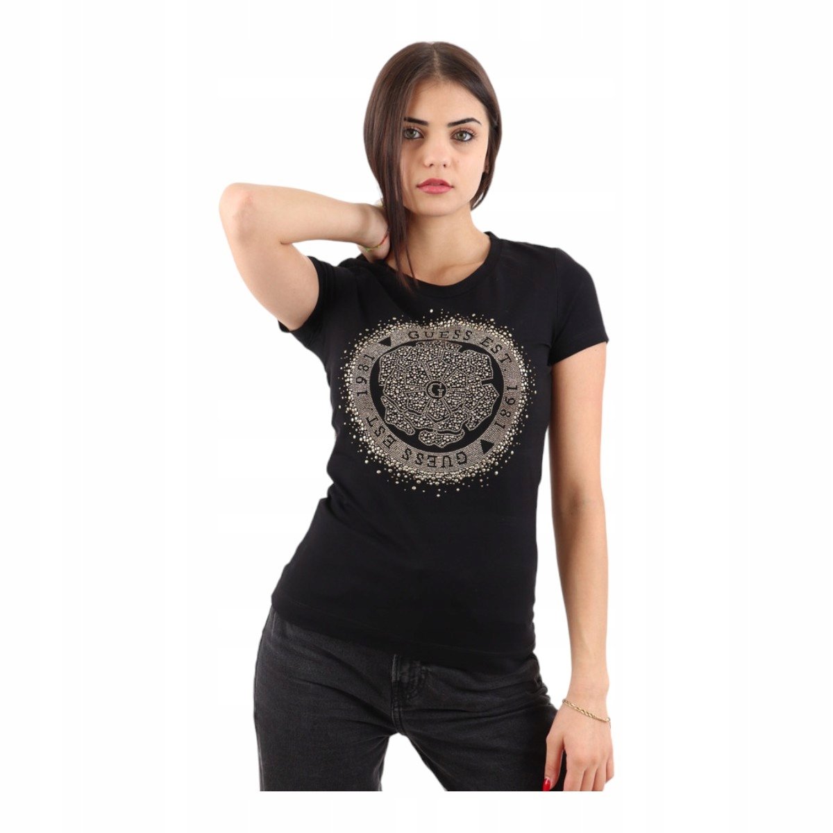 GUESS KOSZULKA DAMSKA T-SHIRT SS CN ROUND CAMELIA CZARNA r.S