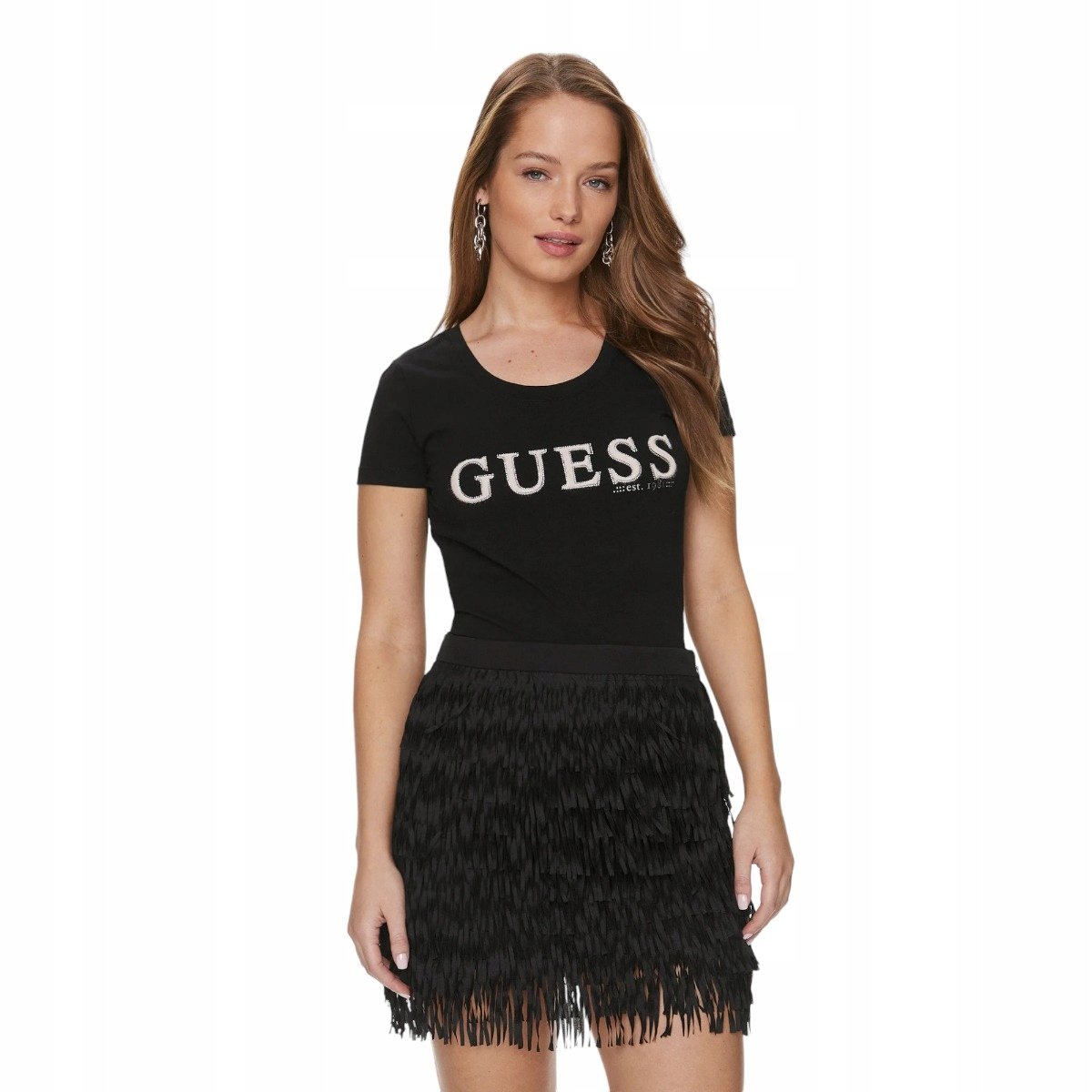 GUESS KOSZULKA DAMSKA T-SHIRT SS RN PONY HAIR TEE CZARNA r.S