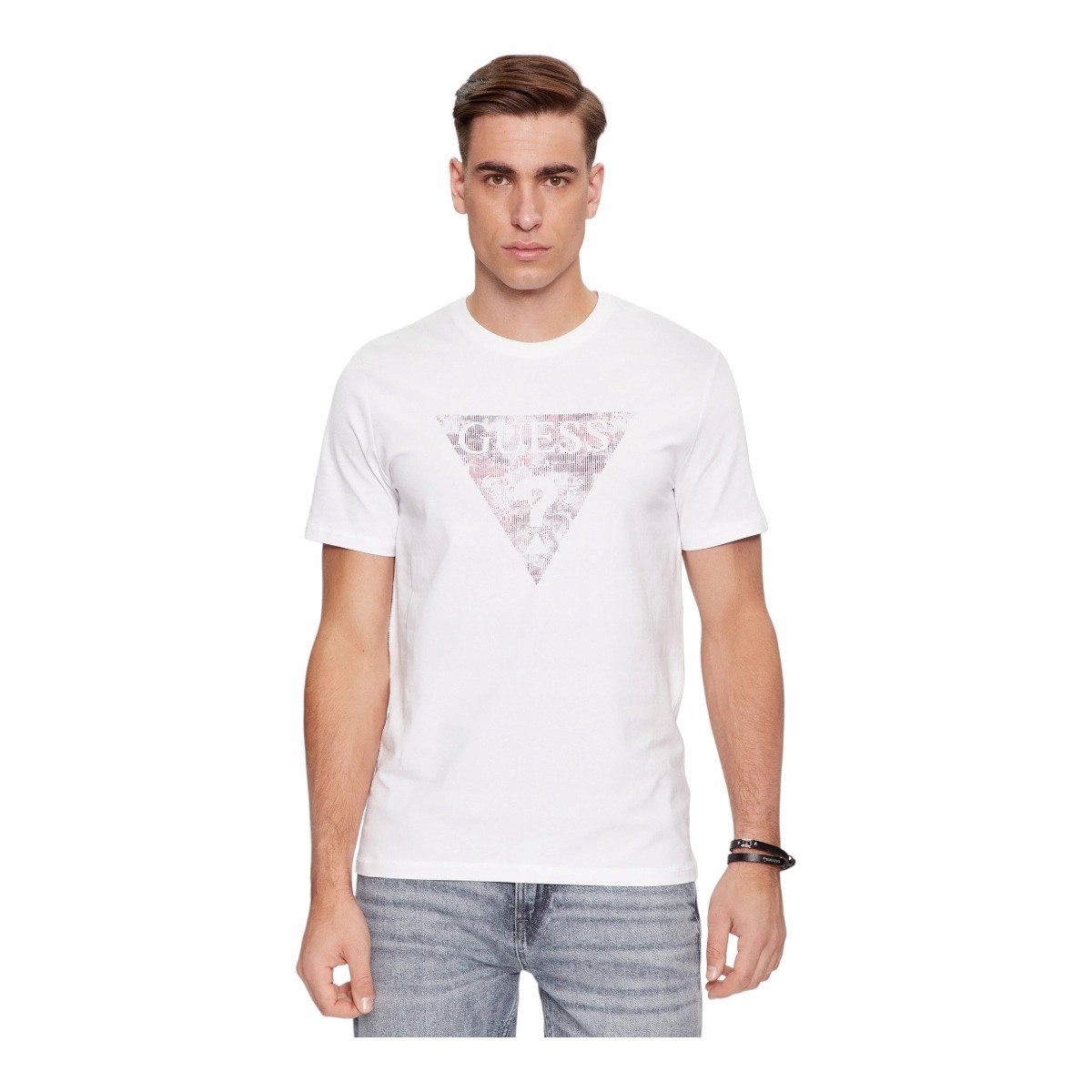 GUESS KOSZULKA MĘSKA T-SHIRT SS CN TRIANGLE GEL PRINT BIAŁA r.L