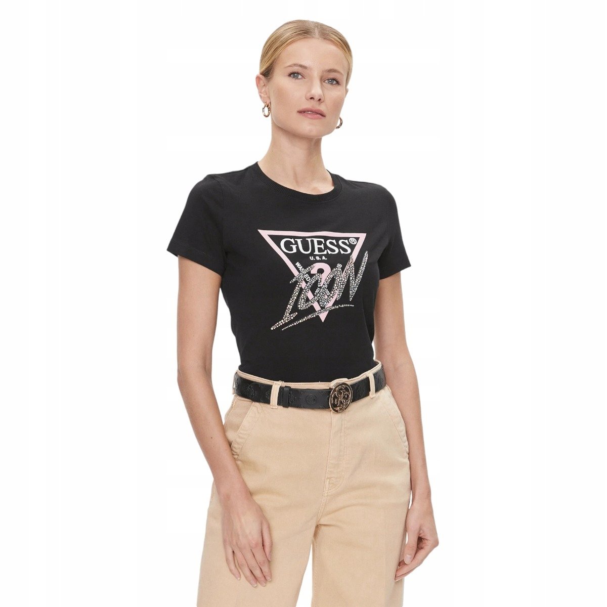 GUESS KOSZULKA DAMSKA T-SHIRT SS CN ICON TEE CZARNA r.S