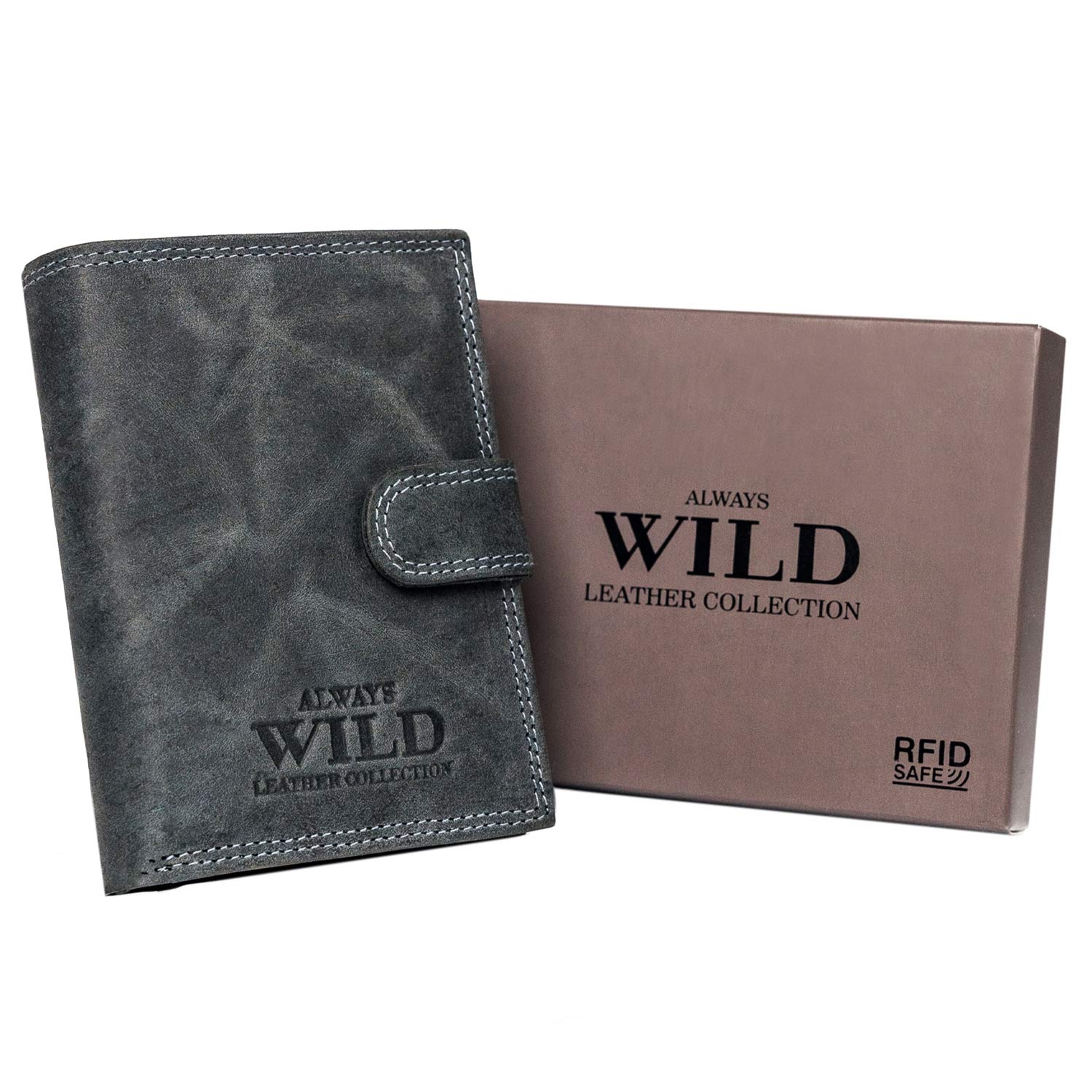 Pionowy nubukowy portfel z zapinką Always Wild, 13 x 10 x 2,5 cm