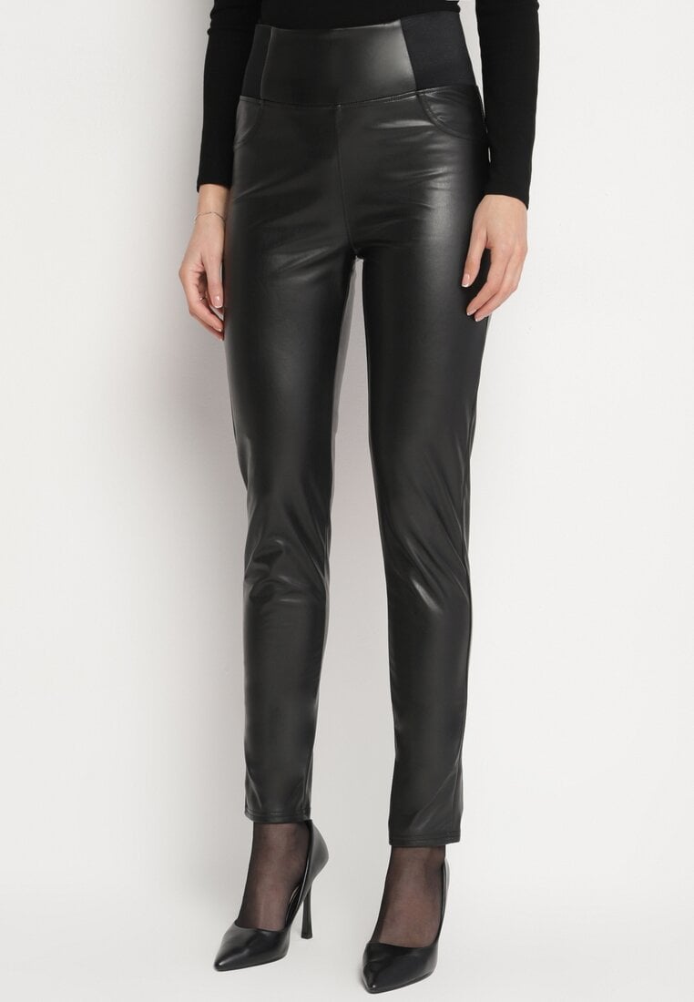 Czarne Ocieplane Legginsy z Ekoskóry z Wysokim Stanem Feliora