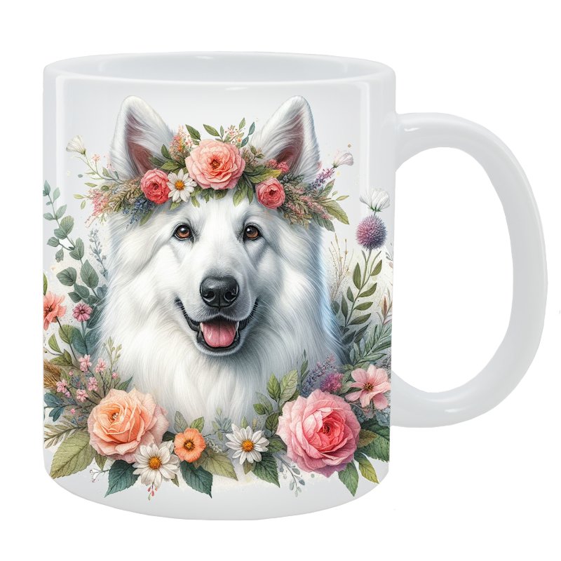 Kubek Biały owczarek szwajcarski - Kolekcja Floral