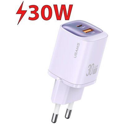 USAMS Ład. siec. CC254 30W GaN USB-C/USB-A Fast Charging HC Series fioletowy/purple CC254TC03