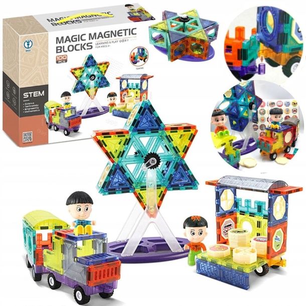 Klocki Magnetyczne 3d Konstrukcyjne Edukacyjne 100 Dużych Elementów Pociąg