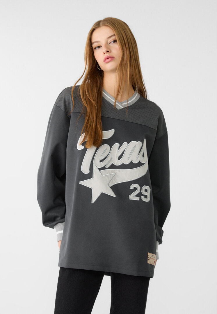 Stradivarius Koszulka oversize z haftem Szary L
