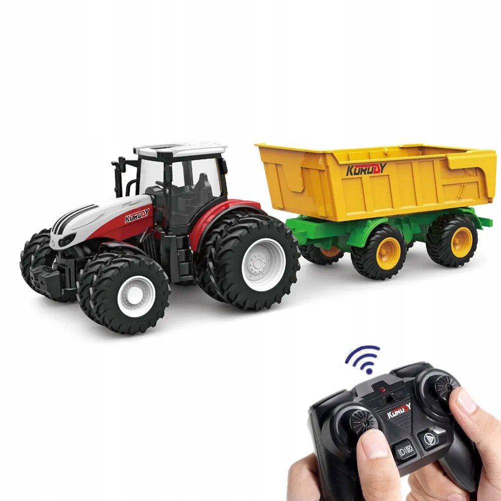 Zdalnie Sterowany Duży Czerwony Traktor z Przyczepą Zabawka Mały Rolnik