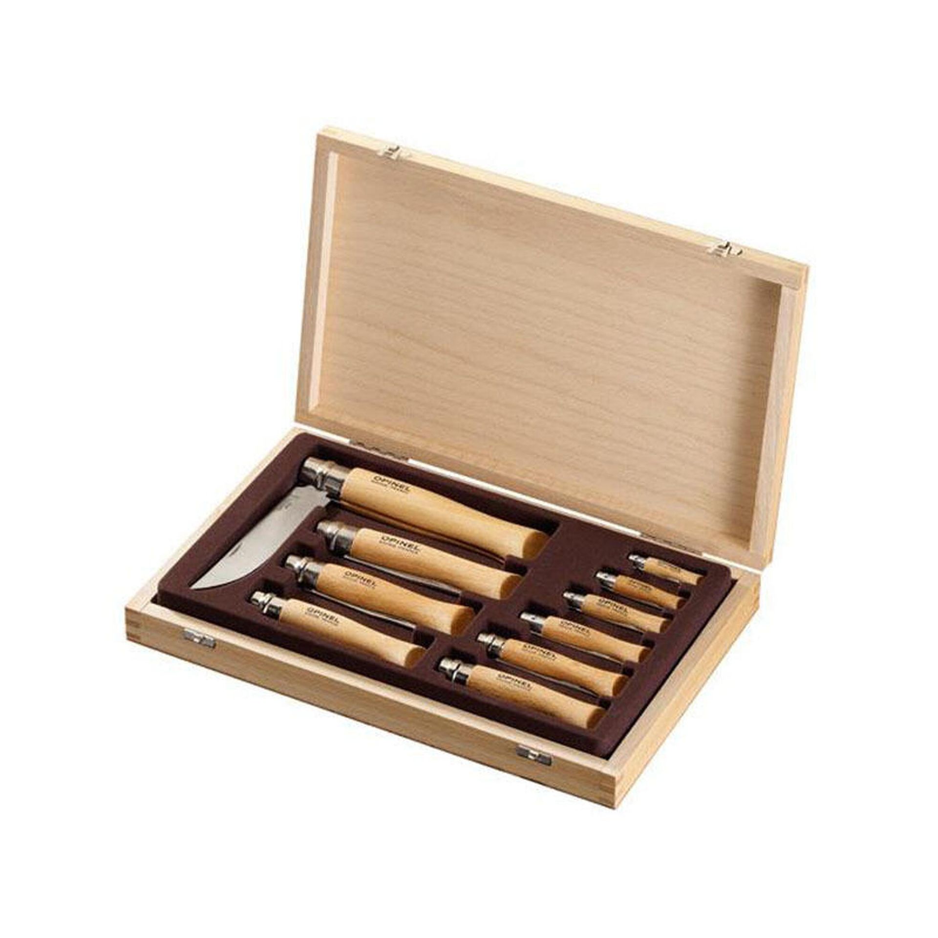 Opinel Walizka  drewno z 10 nożami (No. 2  12), ze stali nierdzewnej 001311