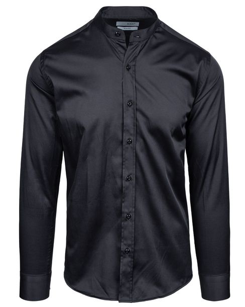 Elegancka Czarna Koszula Męska Satynowa z Kołnierzem Stójką Slim Fit - 3XL