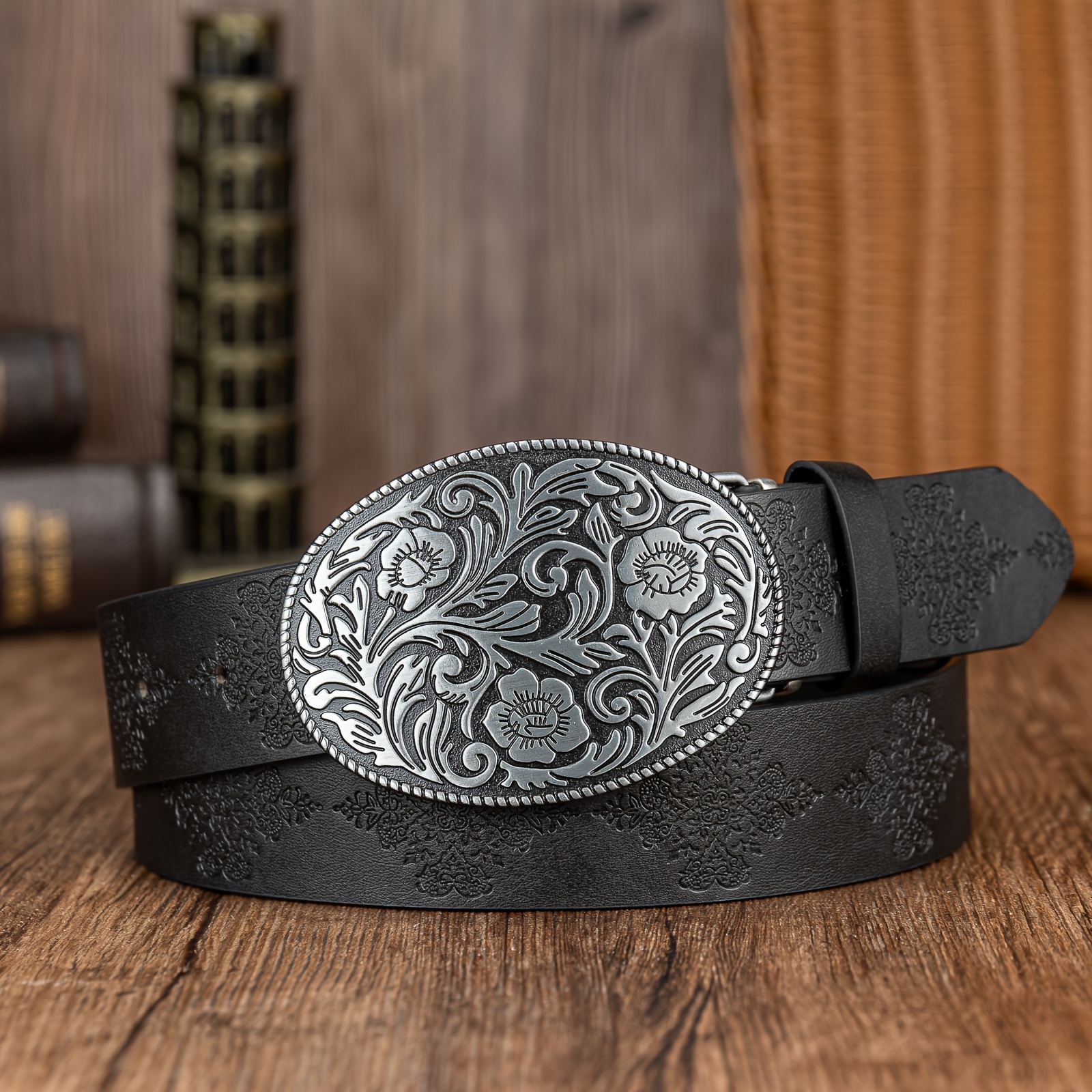 TEMU Modny i uniwersalny damski pasek z dużym owalnym kwiatowym wzorem z zielonymi liśćmi i teksturowanym brzegiem, wykonany z tłoczonej bryłką