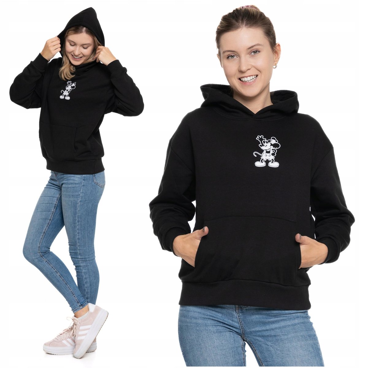 BLUZA DAMSKA Z Myszką Ciepła z Kapturem Wygodna Modna Czarna MORAJ 3XL