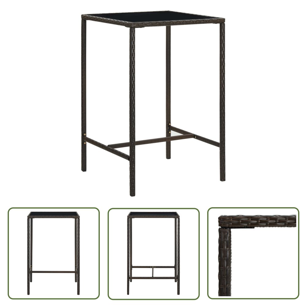The Living Store Ogrodowy stolik barowy - brązowy - 70x70x110cm - rattan PE i szkło - Stolik Barowy