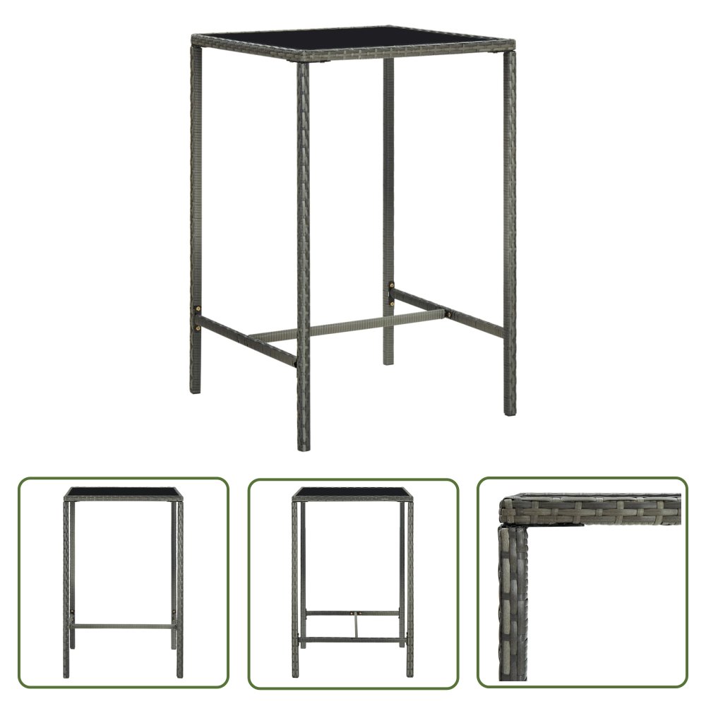 The Living Store Ogrodowy stolik barowy - szary - 70x70x110 cm - rattan PE i szkło - Stolik Barowy