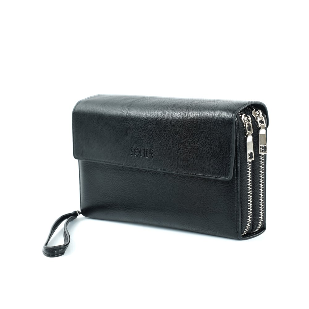 Portfel skóra naturalna czarny Saszetka męska do ręki Kopertówka SOLIER