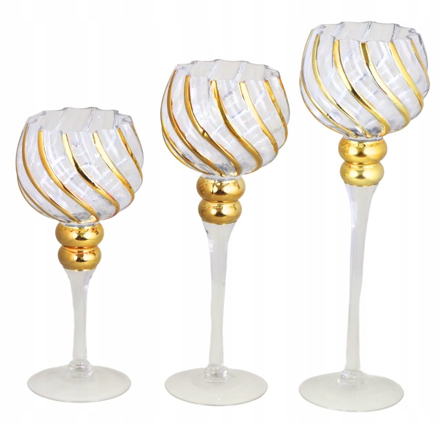 Komplet 3 Kielichów Transparentno-Złotych – Świeczniki na Tealighty