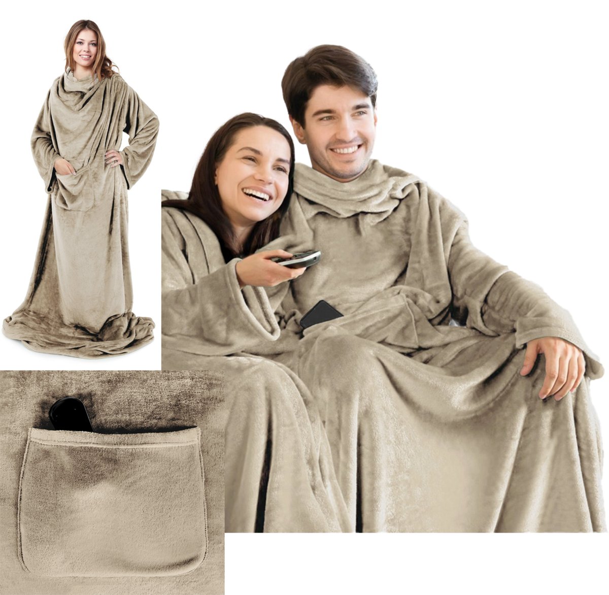 Mięciutki Koc Z Rękawami 150x180 beż Na Prezent