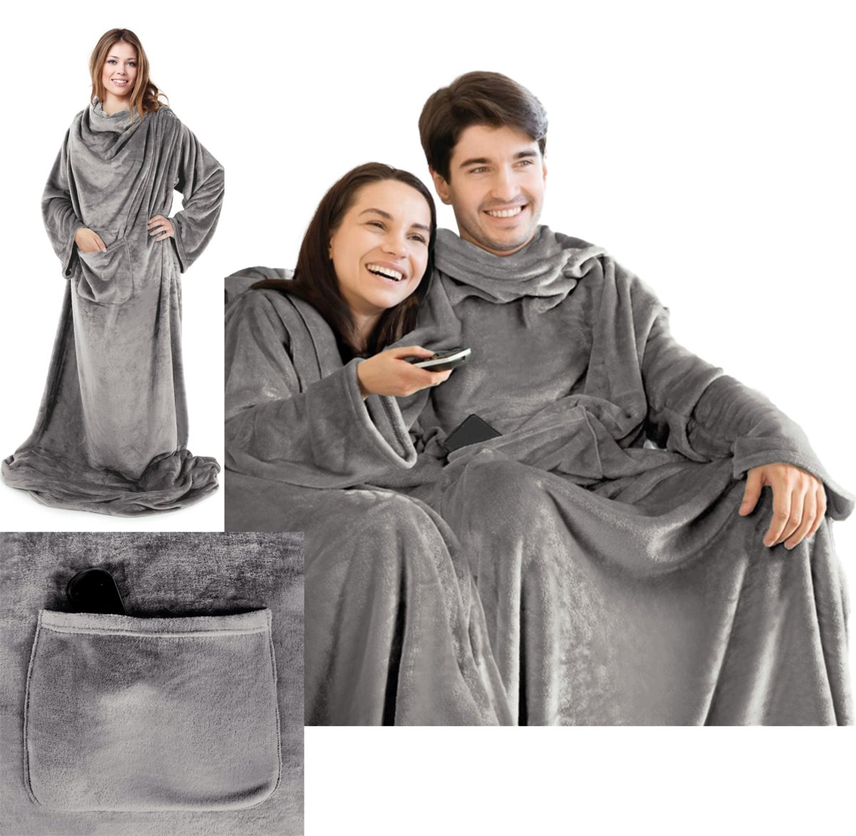 Mięciutki Koc Z Rękawami 150x180 stalowy Na Prezent