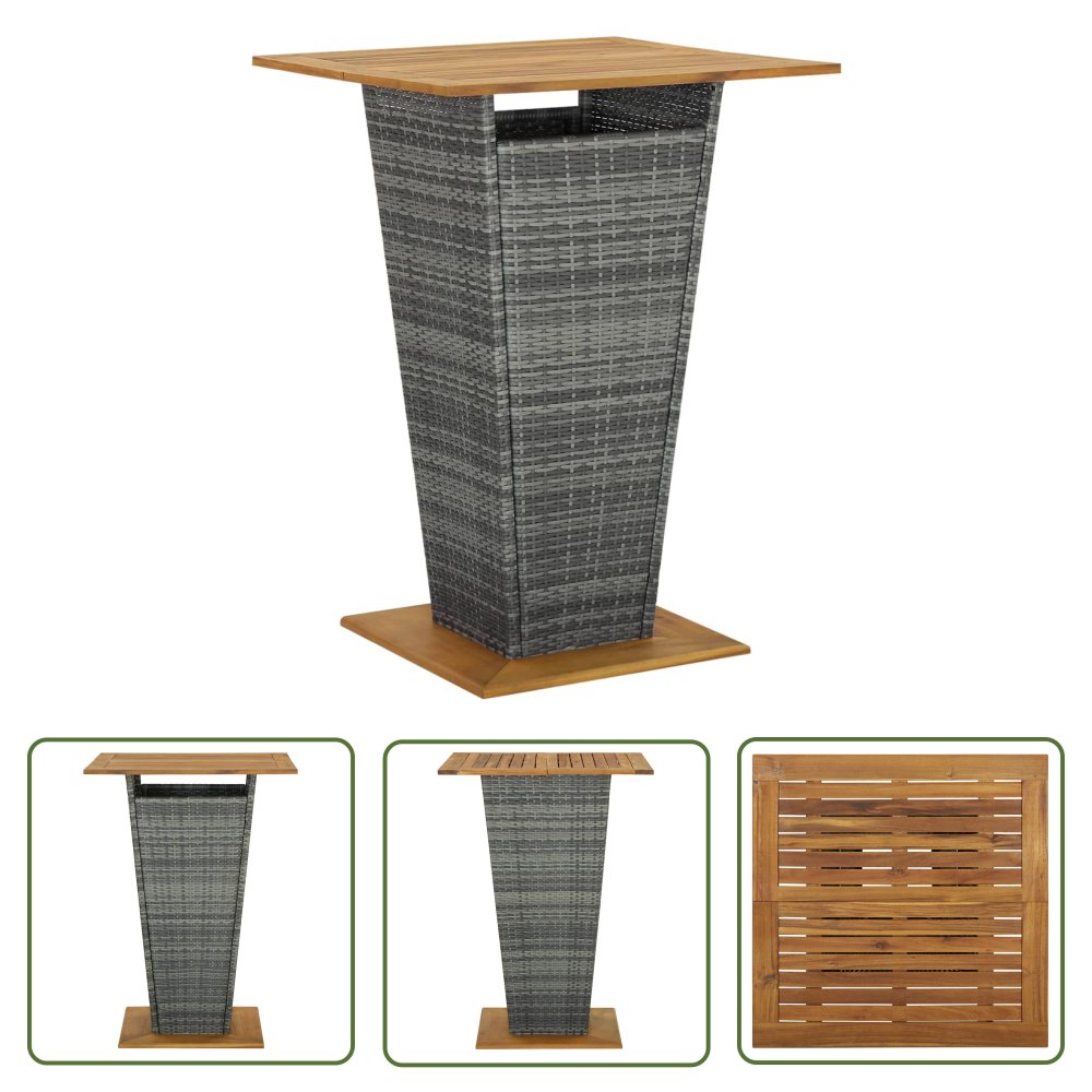 The Living Store Stolik barowy - szary - 80x80x110 cm - rattan PE i lita akacja - Stolik Barowy
