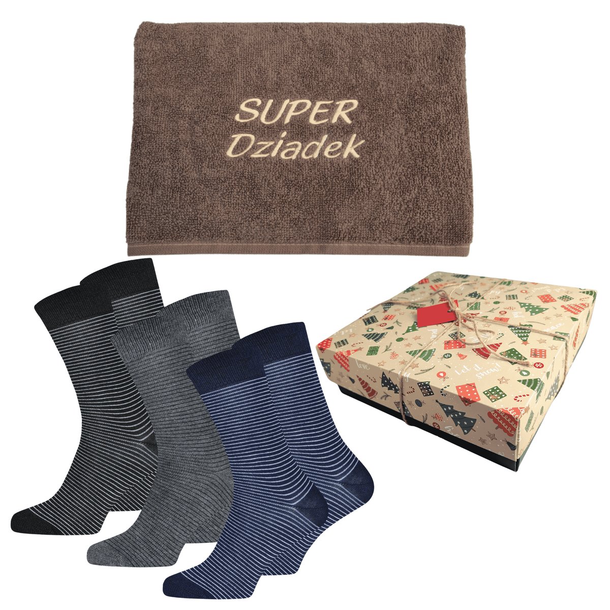Prezent dla dziadka Skarpetki męskie bawełniane 3 pary 39/42 ręcznik z haftem w pudełku