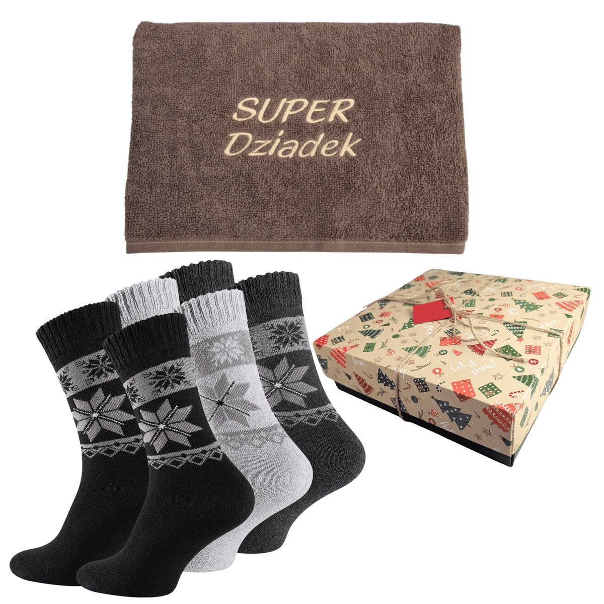 Skarpetki męskie termiczne zimowe wzory 3 pary 43/46 + ręcznik z haftem dla Super Dziadka