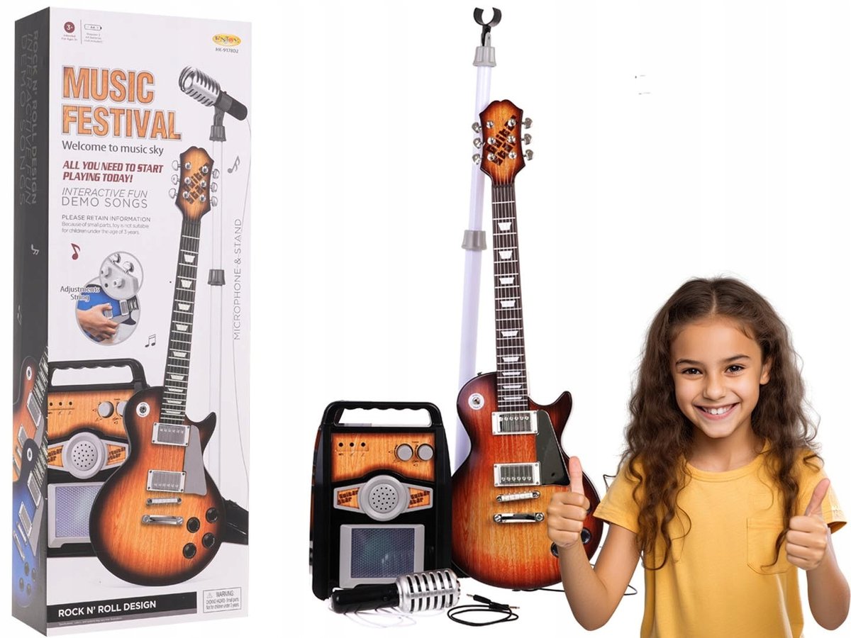 GITARA zestaw muzyczny WZMACNIACZ MIKROFON NA STELAŻU nauka gry na gitarze